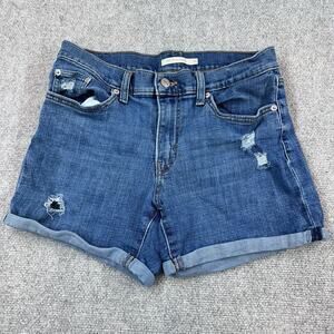Levi's Mid Length Denim Shorts Cuffed Hem Distressed Blue Jean Women's Size 29